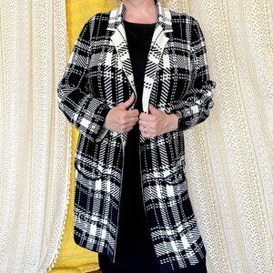Chaps Plaid Black & White Cotton Blend Open Front Duster Sweater Cardigan | XL